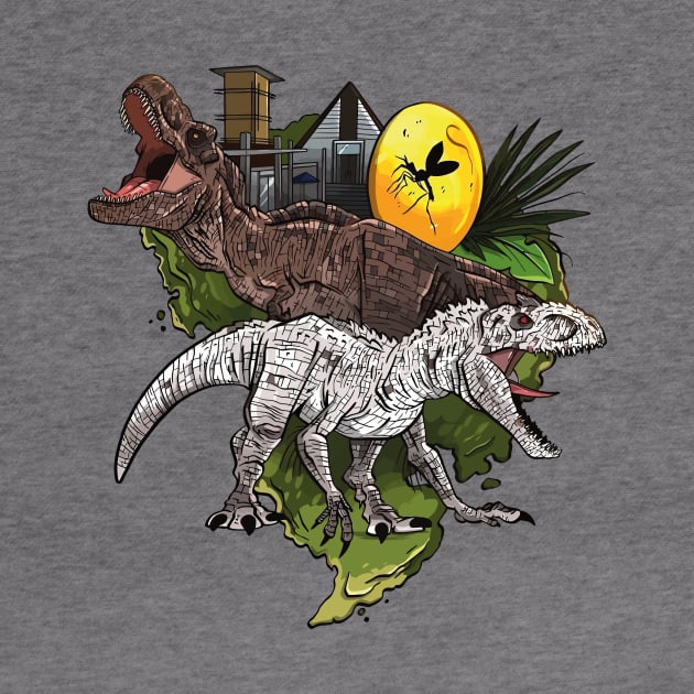 Amber Treasures: Rustic Illustration of T-Rex and Indominus Rex with the Famous Mosquito in Amber by WorldDinosaurs